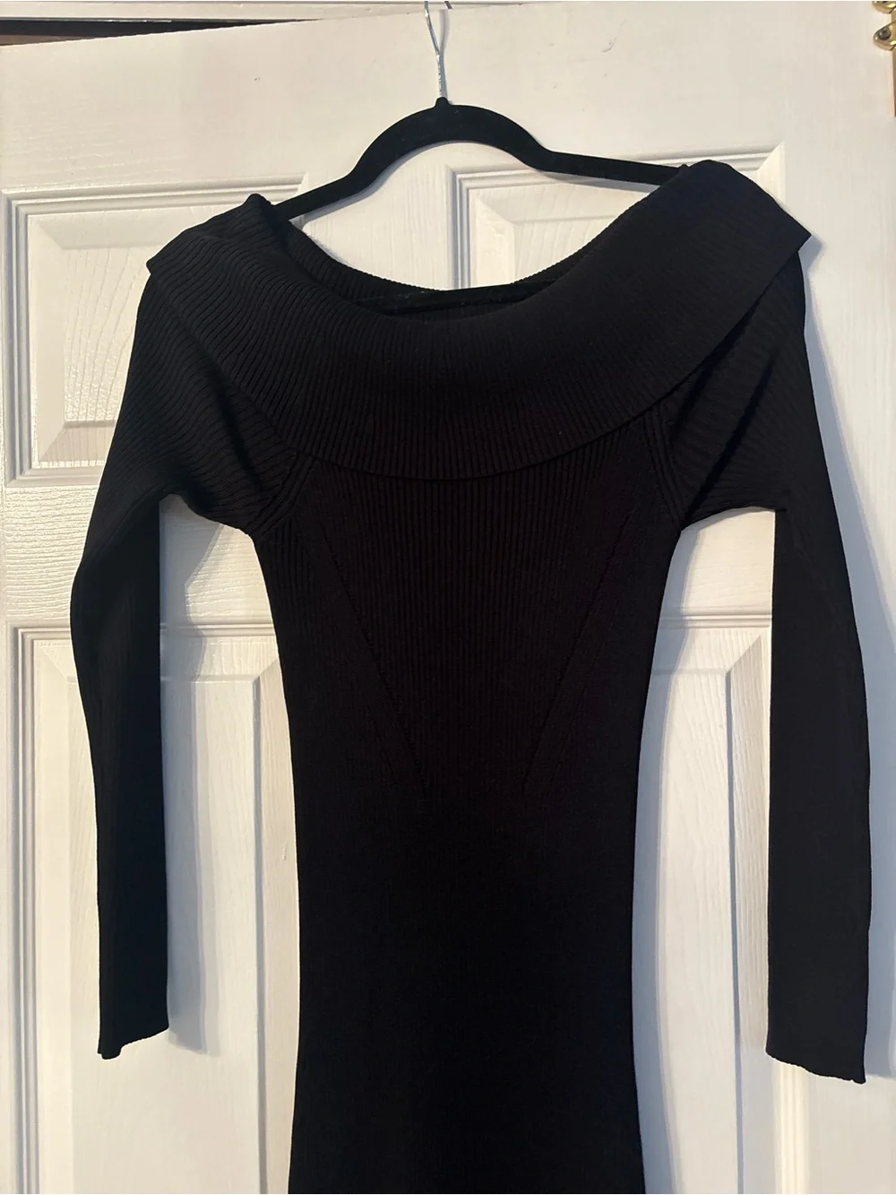 Michael Kors Black Off-The-Shoulder Long Sleeve Ribbed Knit Dress